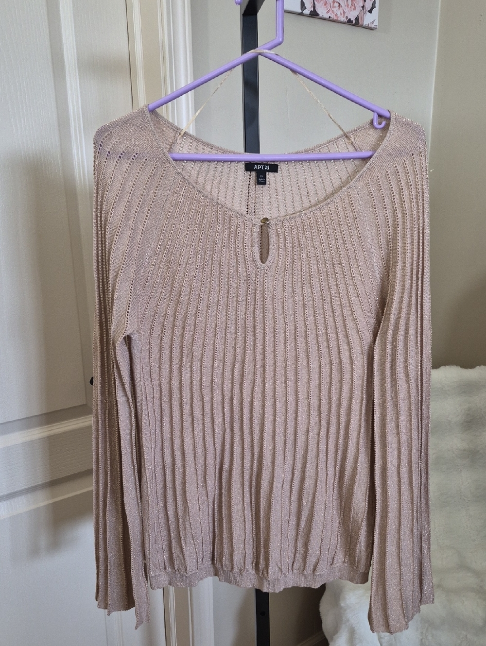 Apt. 9 Metallic Ribbed Knit Long Sleeve Top - Blush Champagne Size XL